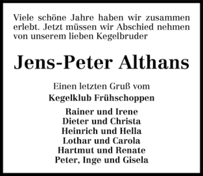 Traueranzeige von Jens Peter Althans von WESER-KURIER