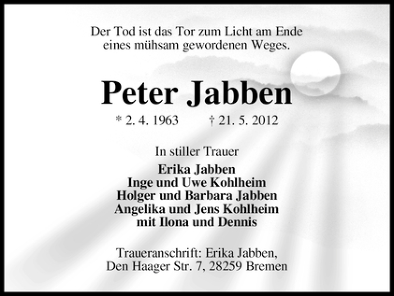 Traueranzeige von Peter Jabben von WESER-KURIER