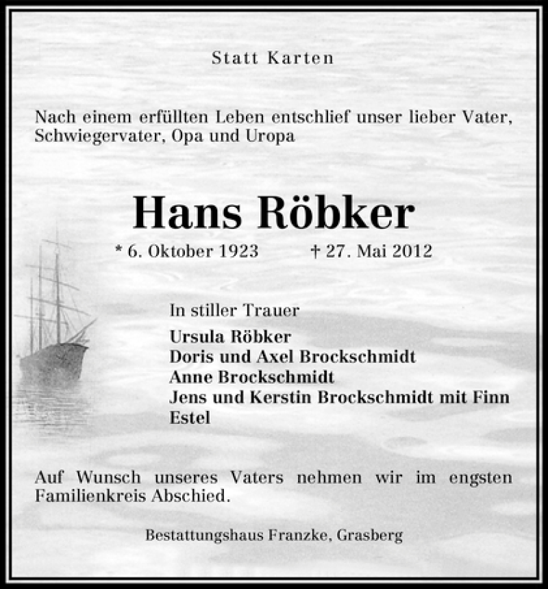 Traueranzeige von Hans Röbker von WESER-KURIER