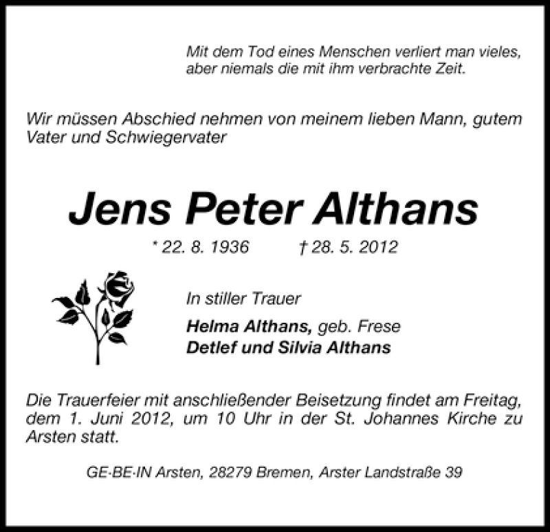 Traueranzeige von Jens Peter Althans von WESER-KURIER