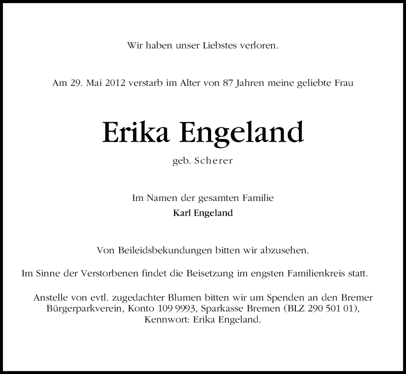 Traueranzeige von Erika Engeland von WESER-KURIER