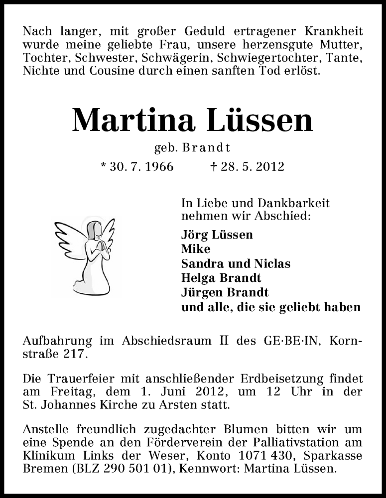 Traueranzeige von Martina Lüssen von WESER-KURIER