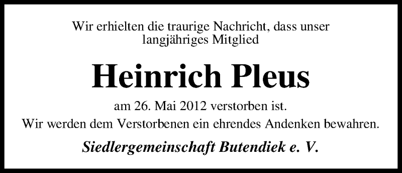Traueranzeige von Heinrich Pleus von WESER-KURIER