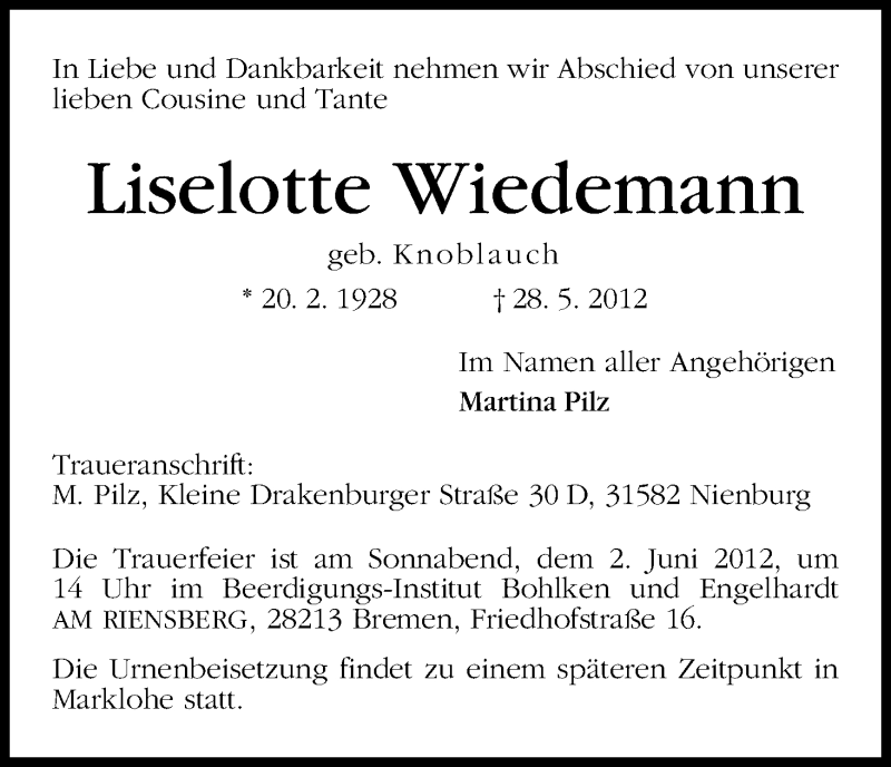 Traueranzeige von Liselotte Wiedemann von WESER-KURIER