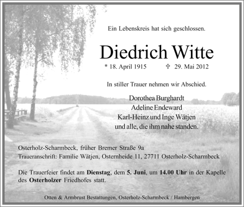 Traueranzeige von Diedrich Witte von WESER-KURIER