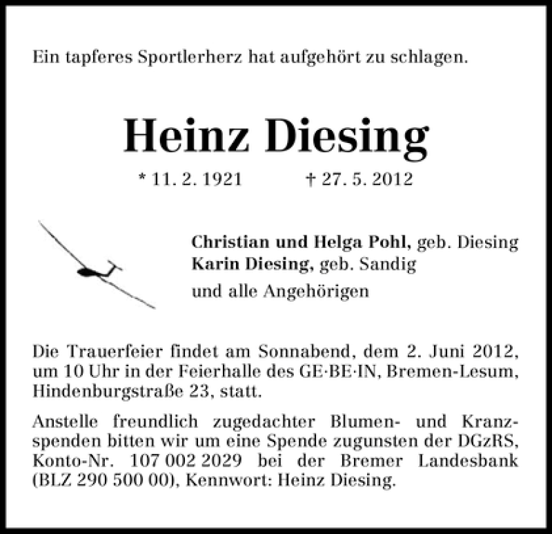 Traueranzeige von Heinz Diesing von WESER-KURIER