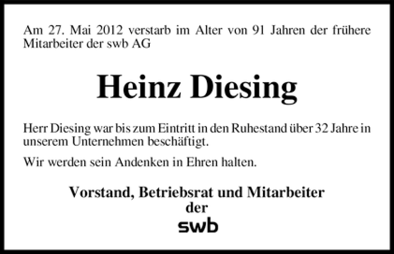 Traueranzeige von Heinz Diesing von WESER-KURIER