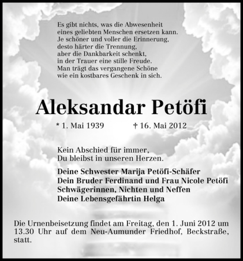 Traueranzeige von Aleksander Petöfi von WESER-KURIER