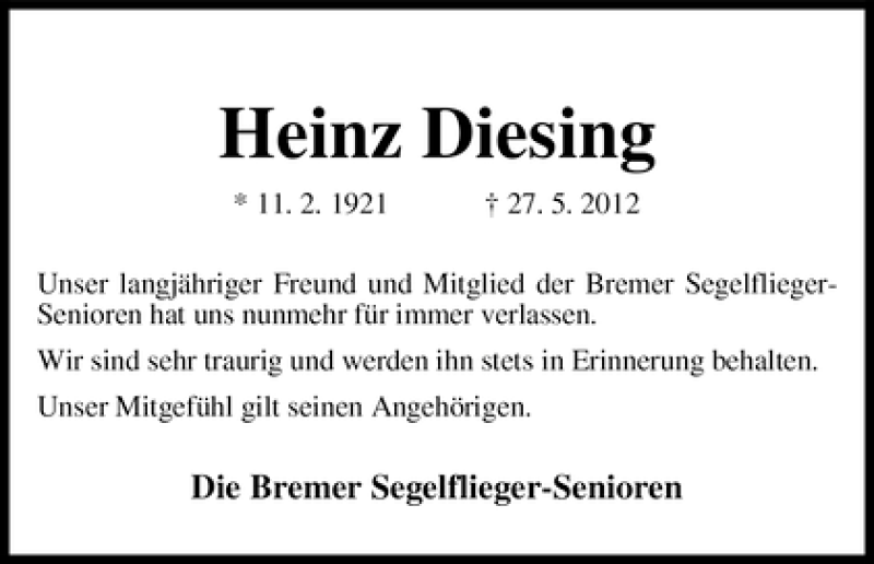 Traueranzeige von Heinz Diesing von WESER-KURIER
