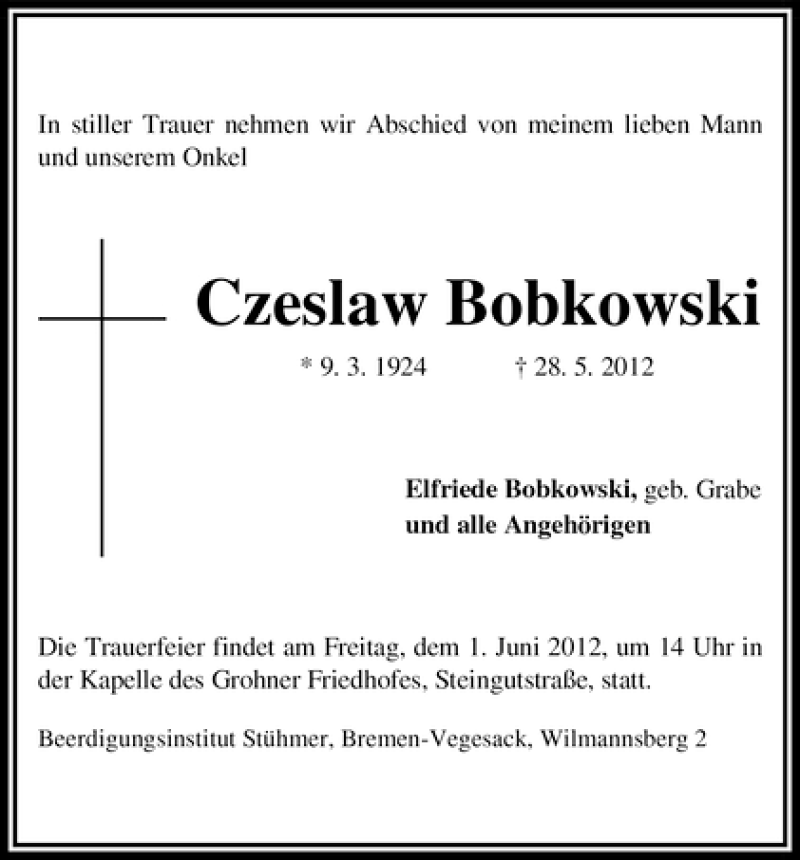 Traueranzeige von Czeslaw Bobkowski von WESER-KURIER