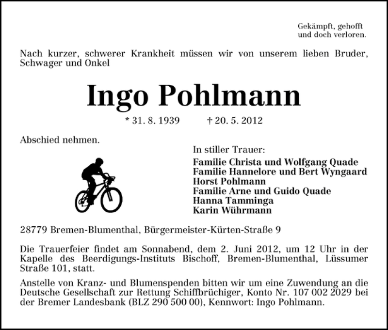 Traueranzeige von Ingo Pohlmann von WESER-KURIER