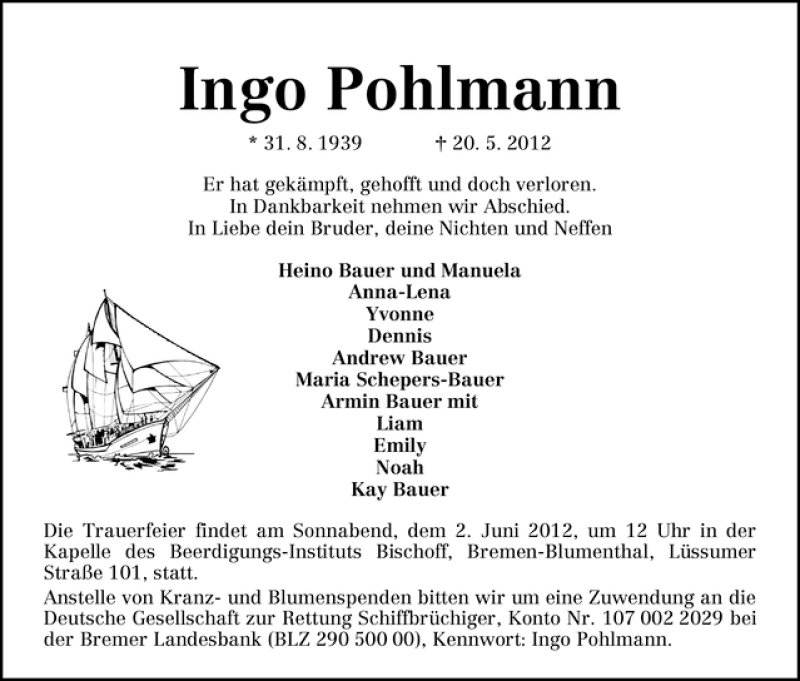 Traueranzeige von Ingo Pohlmann von WESER-KURIER