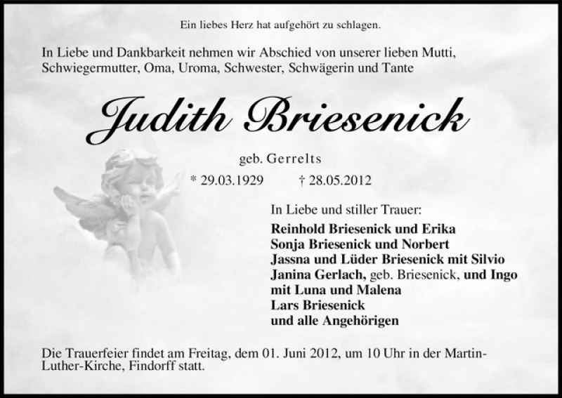 Traueranzeige von Judith Briesenick von WESER-KURIER