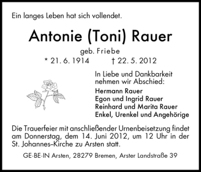 Traueranzeige von Antonie Rauer von WESER-KURIER