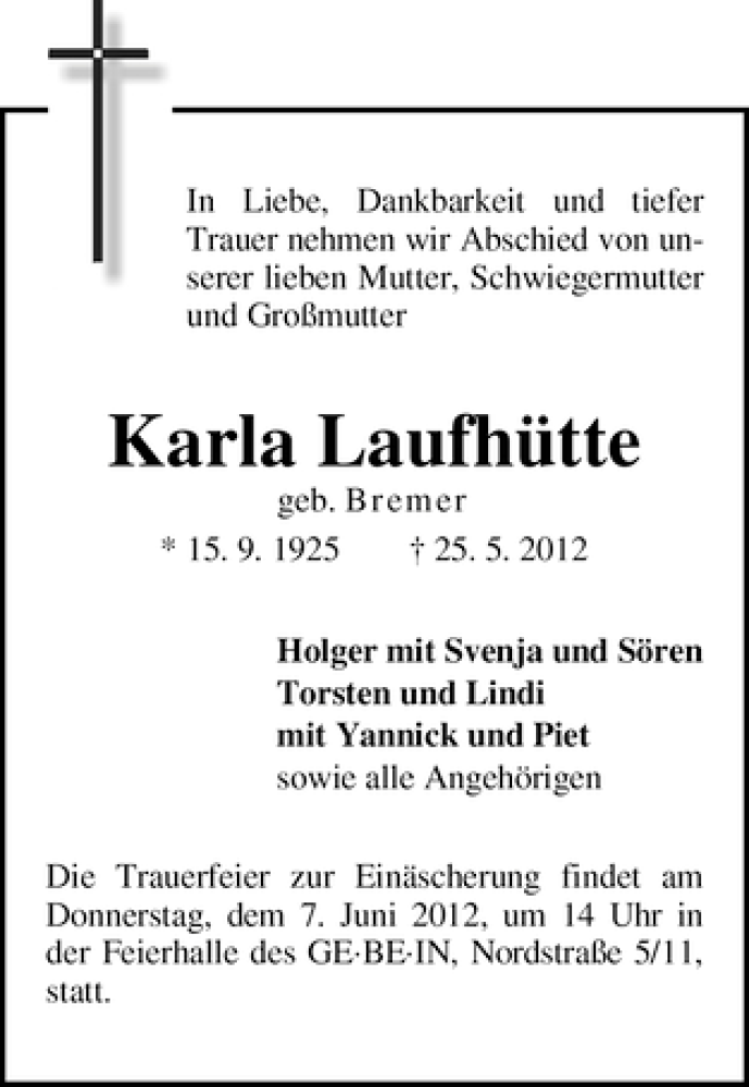 Traueranzeige von Karla Laufhütte von WESER-KURIER