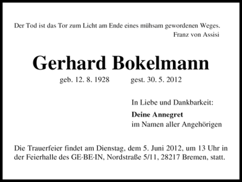 Traueranzeige von Gerhard Bokelmann von WESER-KURIER