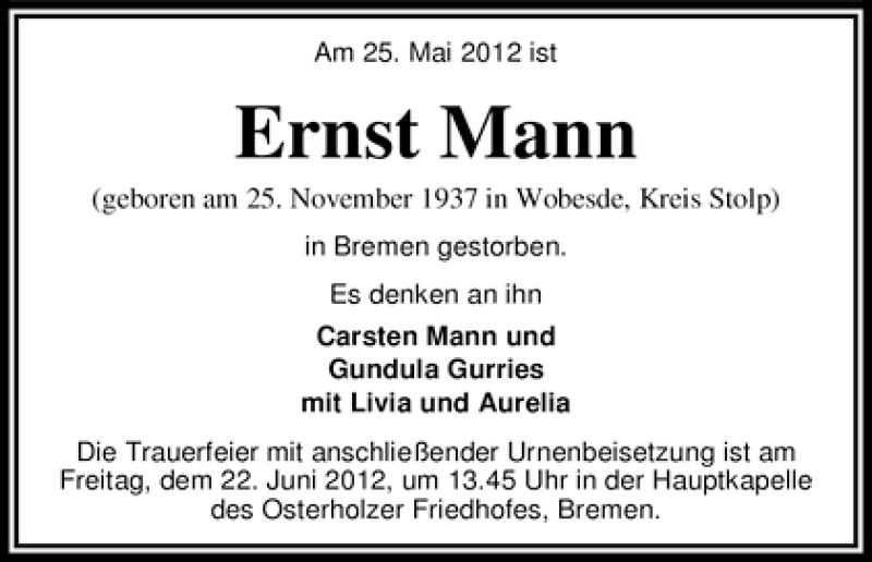 Traueranzeige von Ernst Mann von WESER-KURIER