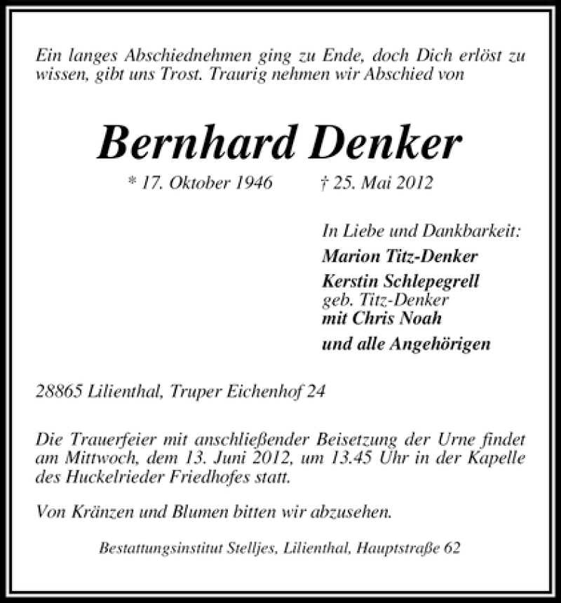 Traueranzeige von Bernhard Denker von WESER-KURIER