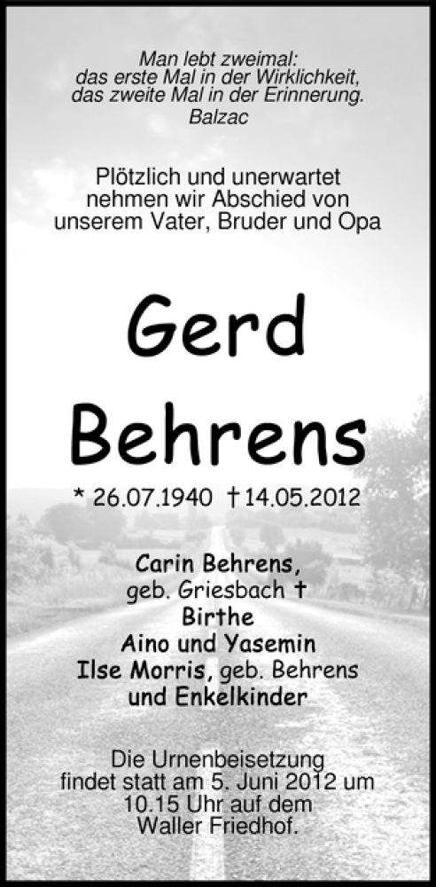 Traueranzeige von Gerd Behrens von WESER-KURIER