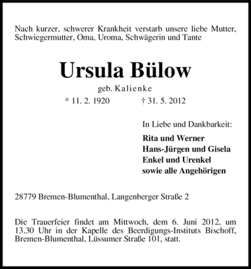 Traueranzeige von Ursula Bülow von WESER-KURIER