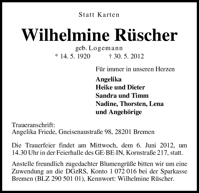 Traueranzeige von Wilhelmine Rüscher von WESER-KURIER