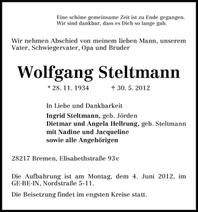 Traueranzeige von Wolfgang Steltmann von WESER-KURIER