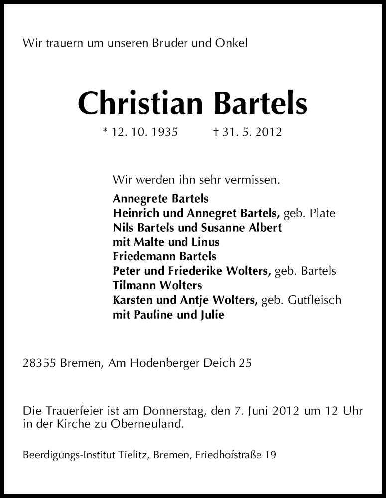 Traueranzeige von Christian Bartels von WESER-KURIER