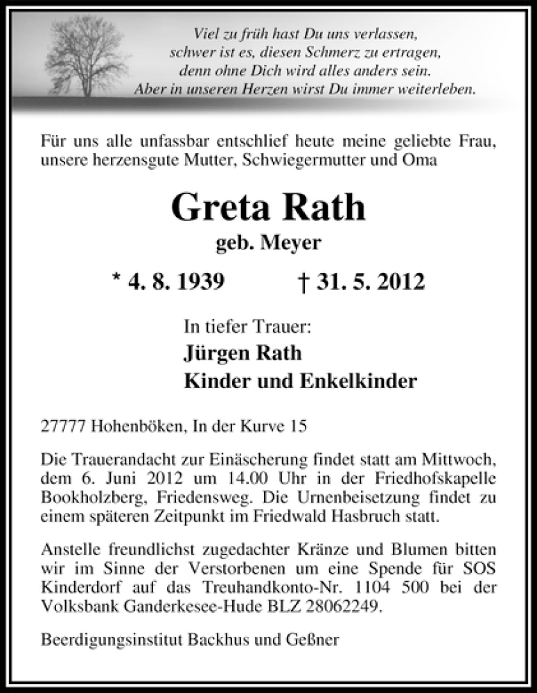 Traueranzeige von Greta Rath von WESER-KURIER