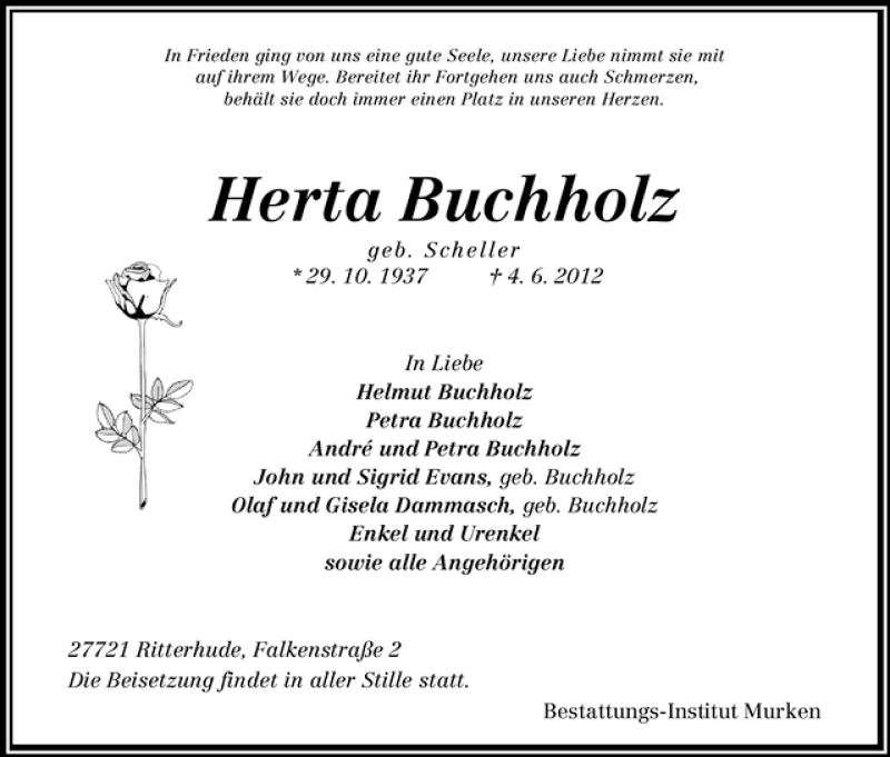 Traueranzeige von Herta Buchholz von WESER-KURIER