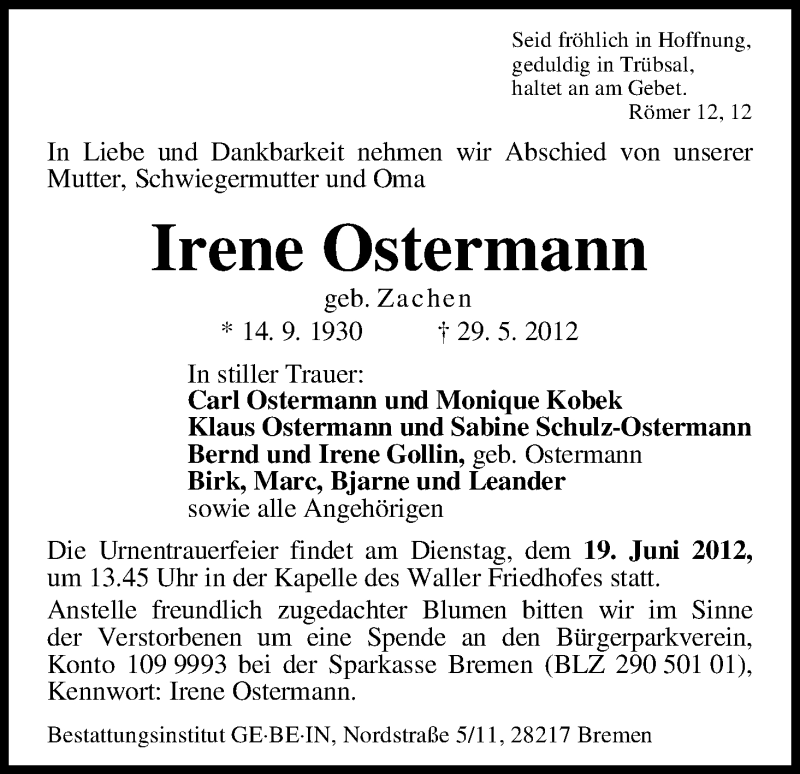 Traueranzeige von Irene Ostermann von WESER-KURIER