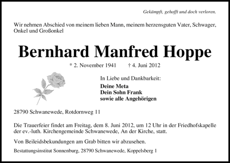 Traueranzeige von Gernhard Manfred Hoppe von WESER-KURIER
