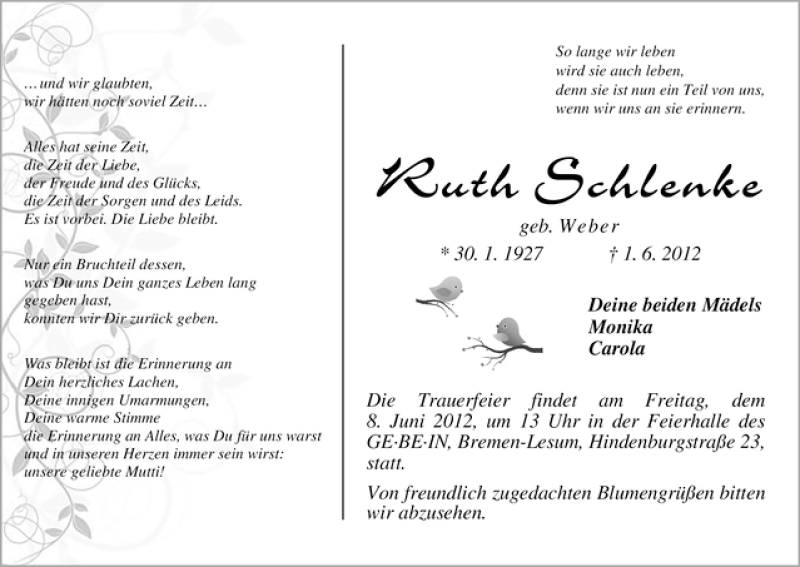 Traueranzeige von Ruth Schlenke von WESER-KURIER