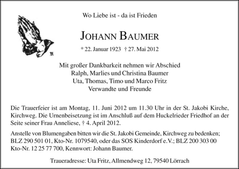 Traueranzeige von Johann Baumer von WESER-KURIER