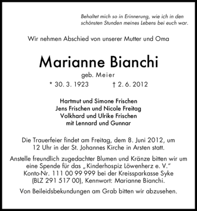 Traueranzeige von Marianne Bianchi von WESER-KURIER