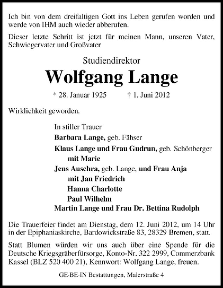 Traueranzeige von Wolfgang Lange von WESER-KURIER