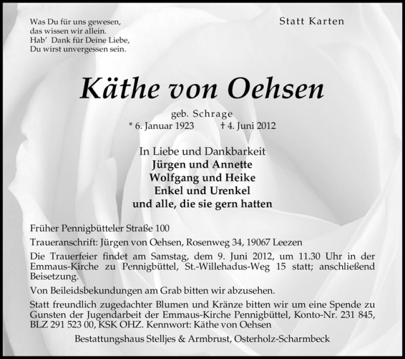 Traueranzeige von Käthe von Oehsen von WESER-KURIER