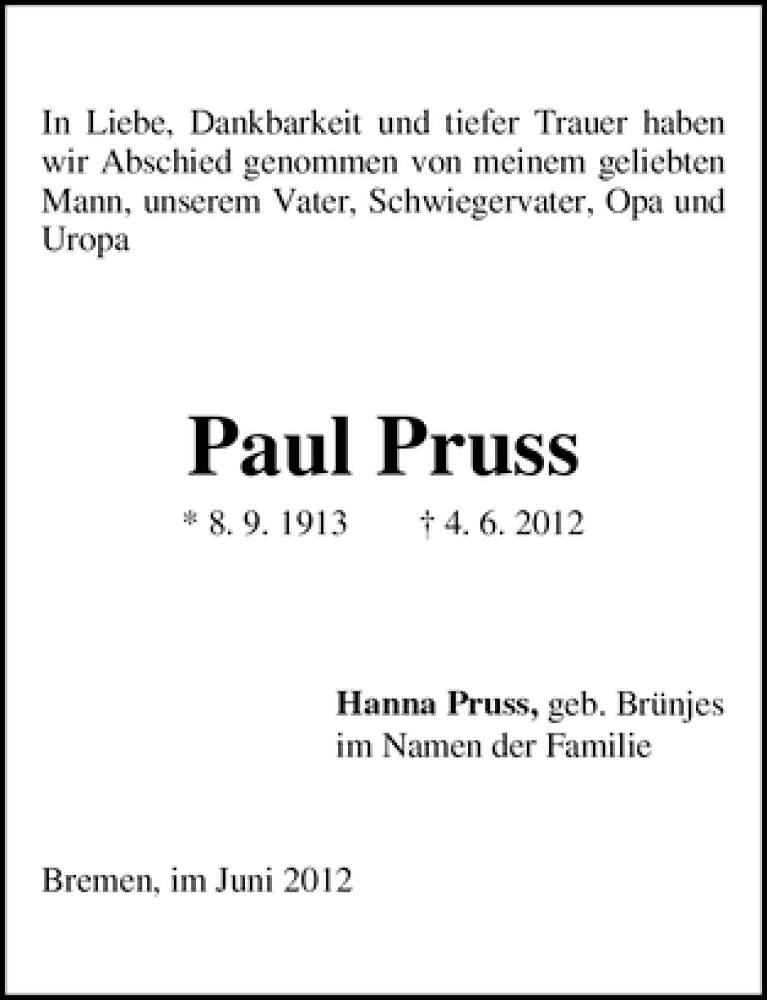 Traueranzeige von Paul Pruss von WESER-KURIER