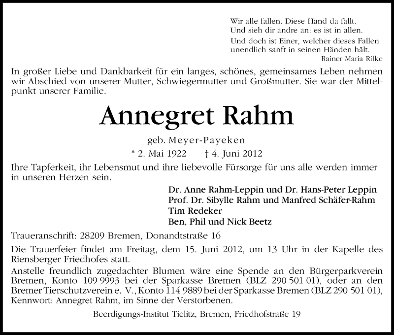Traueranzeige von Annegret Rahm von WESER-KURIER
