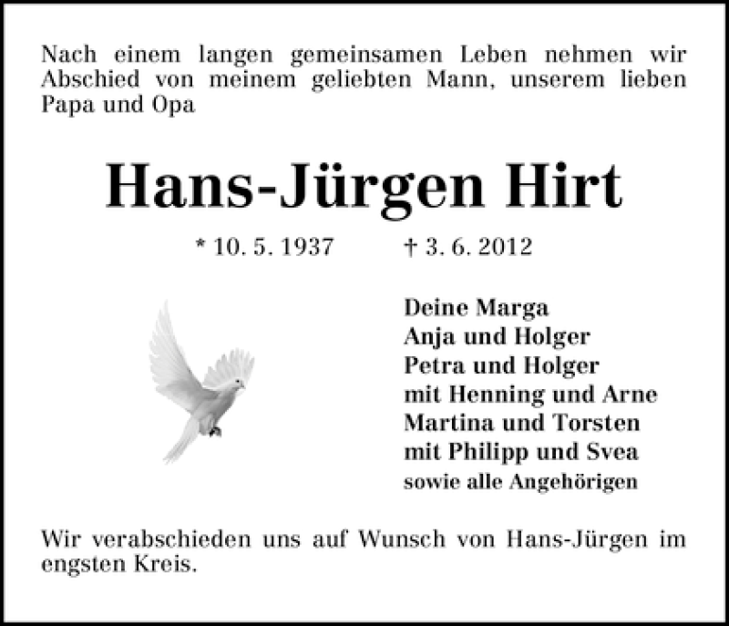 Traueranzeige von Hans-Jürgen Hirt von WESER-KURIER