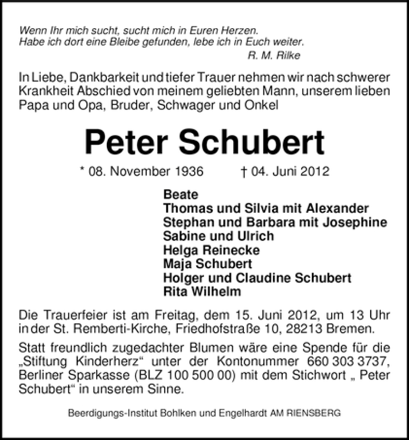 Traueranzeige von Peter Schubert von WESER-KURIER