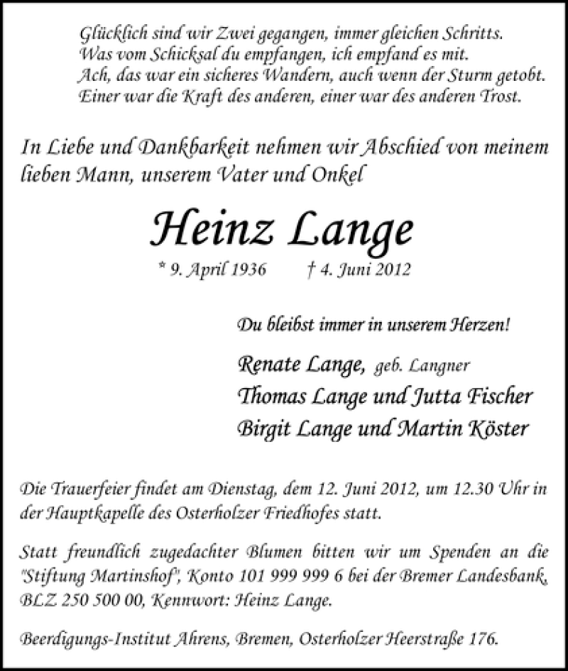 Traueranzeige von Heinz Lange von WESER-KURIER