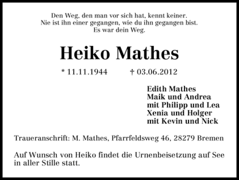 Traueranzeige von Heiko Mathes von WESER-KURIER