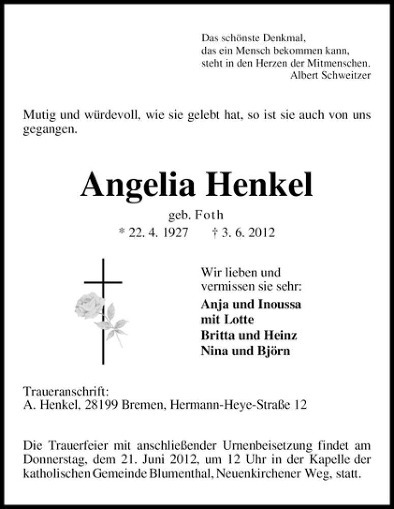 Traueranzeige von Angelia Henkel von WESER-KURIER