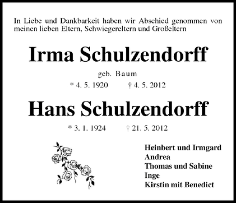 Traueranzeige von Irma und Hans Schulzendorff von WESER-KURIER