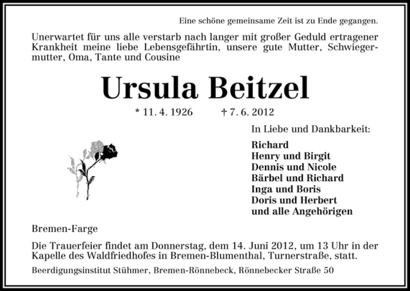 Traueranzeige von Ursula Beitzel von WESER-KURIER