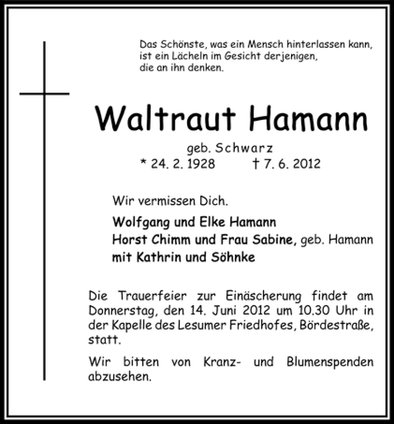 Traueranzeige von Waltraut Hamann von WESER-KURIER
