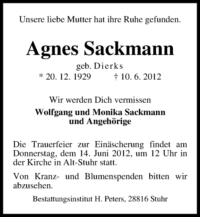 Traueranzeige von Agnes Sackmann von WESER-KURIER