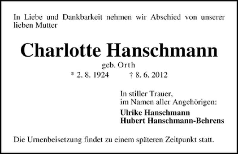 Traueranzeige von Charlotte Hanschmann von WESER-KURIER