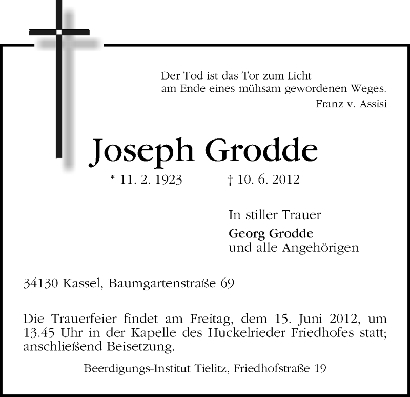 Traueranzeige von Joseph Grodde von WESER-KURIER