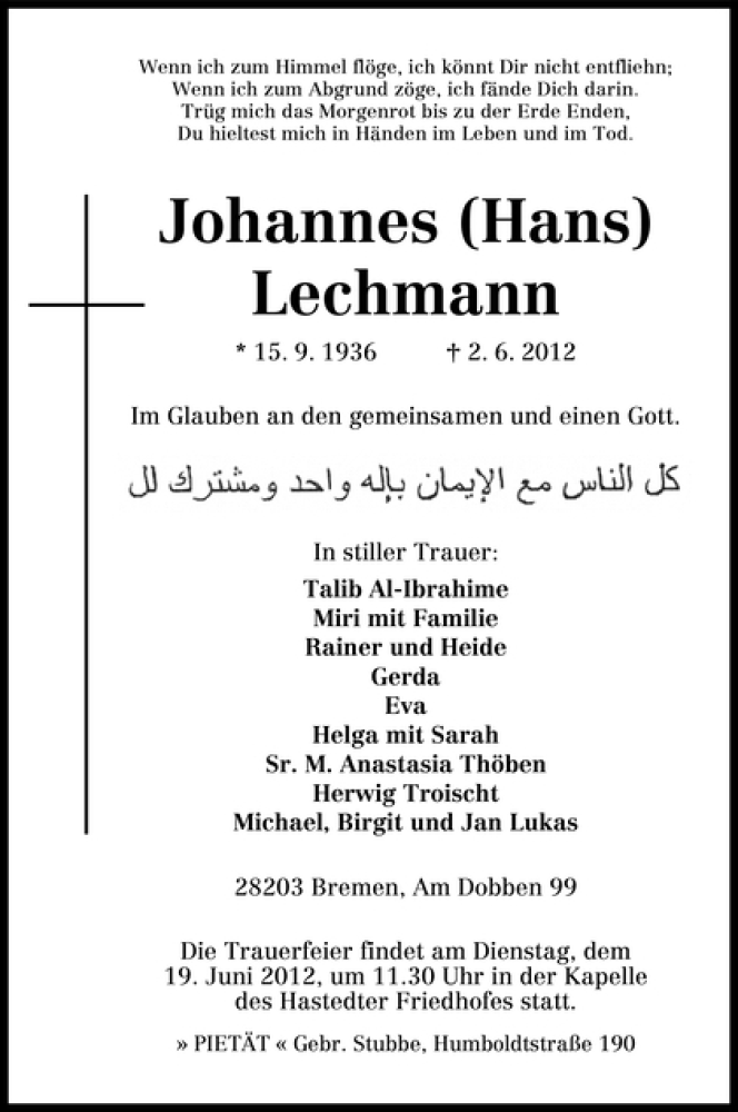 Traueranzeige von Johannes Lechmann von WESER-KURIER